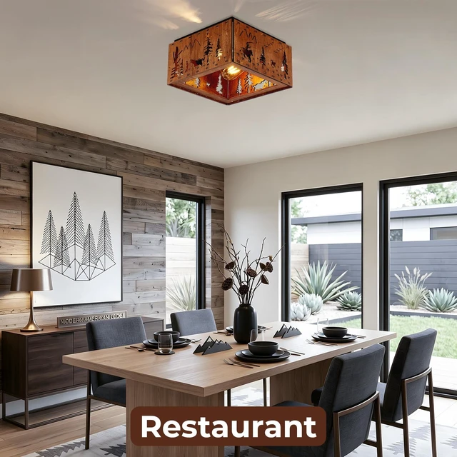 Alt view image 2 of 7 - 2 Light Ceiling, Flush Mount Ceiling with Metal and Square Fixture for Kitchen Entryway Bulbs Not Included, Wood, Iron