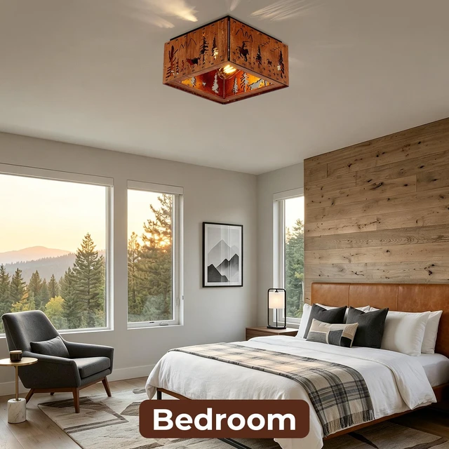 Alt view image 4 of 7 - 2 Light Ceiling, Flush Mount Ceiling with Metal and Square Fixture for Kitchen Entryway Bulbs Not Included, Wood, Iron