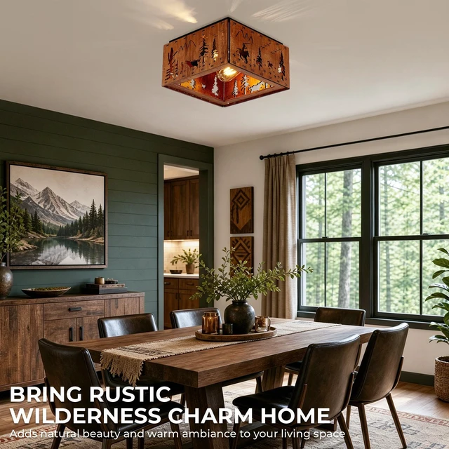 Alt view image 5 of 7 - 2 Light Ceiling, Flush Mount Ceiling with Metal and Square Fixture for Kitchen Entryway Bulbs Not Included, Wood, Iron
