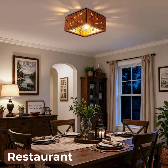 Alt view image 7 of 7 - 2 Light Ceiling, Flush Mount Ceiling with Metal and Square Fixture for Kitchen Entryway, Wood, Iron, Living