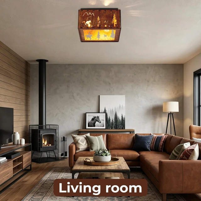 Alt view image 3 of 7 - 2 Light Ceiling, Flush Mount Ceiling with Metal and Square Fixture for Kitchen Entryway Bulbs Not Included, Wood, Iron