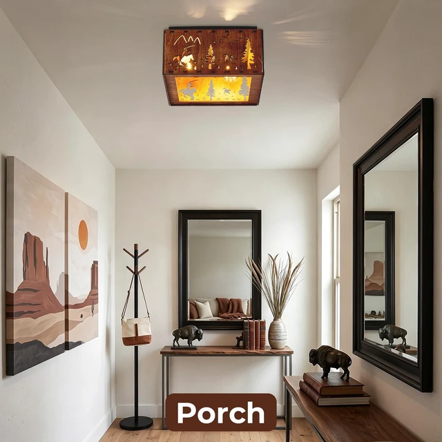 Alt view image 7 of 7 - 2 Light Ceiling, Flush Mount Ceiling with Metal and Square Fixture for Kitchen Entryway Bulbs Not Included, Wood, Iron