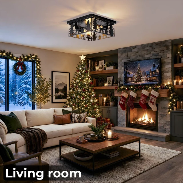 Alt view image 3 of 7 - Pack Flush Mount Ceiling with Deer and Snow Man Design, 2 Light Square Metal Fixture for Kitchen Entryway and Lodge