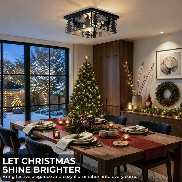 Alt view image 5 of 7 - Flush Mount Ceiling with Deer and Snow Man Design, 2 Light Square Metal Fixture for Kitchen Entryway and Lodge Bulbs