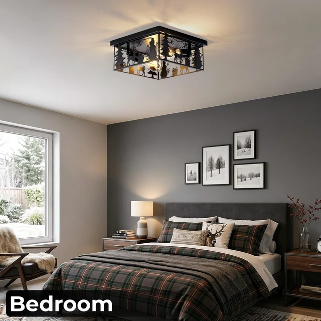 Alt view image 4 of 7 - Pack Flush Mount Ceiling with Deer and Snow Man Design, 2 Light Square Metal Fixture for Kitchen Entryway and Lodge