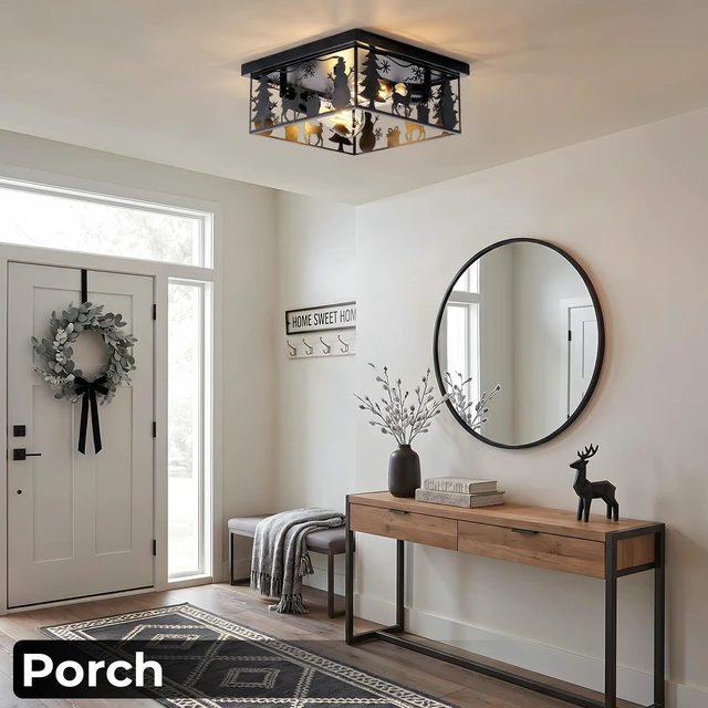 Alt view image 6 of 7 - Pack Flush Mount Ceiling with Deer and Snow Man Design, 2 Light Square Metal Fixture for Kitchen Entryway and Lodge