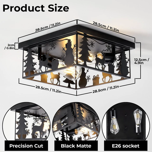 Alt view image 5 of 7 - Pack Flush Mount Ceiling with Deer and Snow Man Design, 2 Light Square Metal Fixture for Kitchen Entryway and Lodge