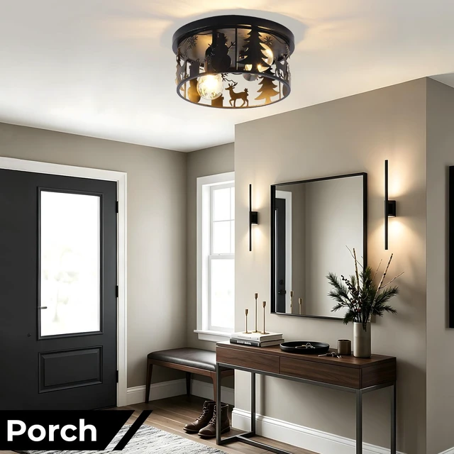 Alt view image 3 of 7 - Flush Mount Ceiling with Deer and Snow Man Design, 2 Light Round Metal Fixture for Kitchen Entryway and Lodge Bulbs Not