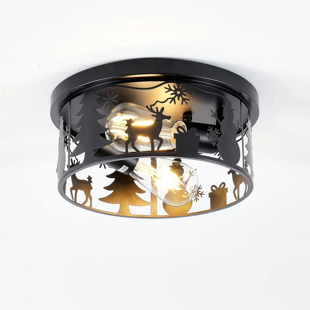 Main image of Flush Mount Ceiling with Deer and Snow Man Design, 2 Light Round Metal Fixture for Kitchen Entryway and Lodge Bulbs Not