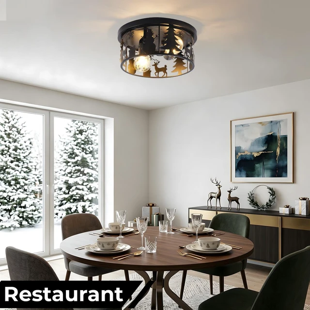 Alt view image 2 of 7 - Pack Flush Mount Ceiling with Deer and Snow Man Design, 2 Light Round Metal Fixture for Kitchen Entryway and Lodge
