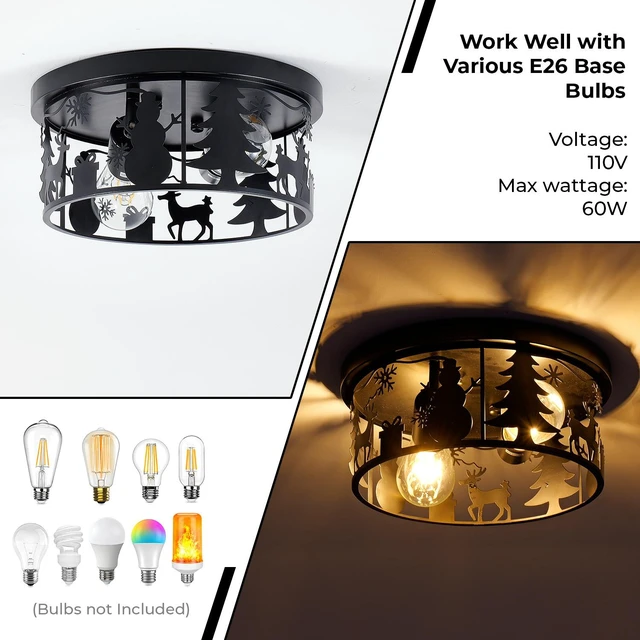 Alt view image 7 of 7 - Flush Mount Ceiling with Deer and Snow Man Design, 2 Light Round Metal Fixture for Kitchen Entryway and Lodge Bulbs Not
