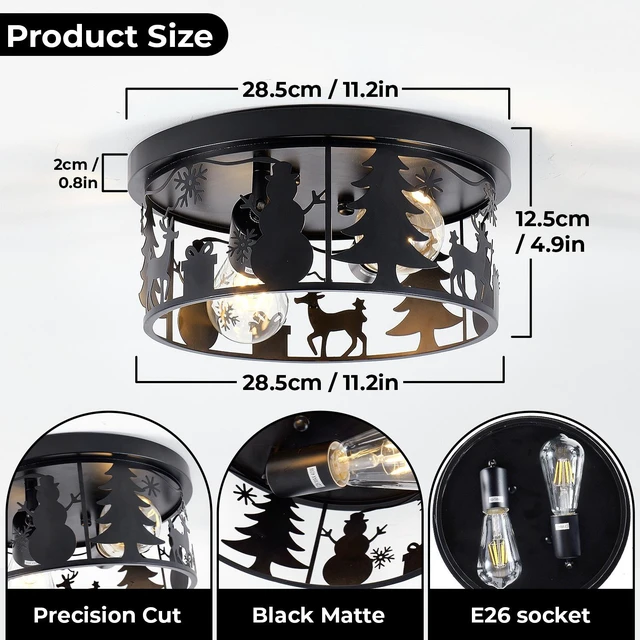Alt view image 6 of 7 - Pack Flush Mount Ceiling with Deer and Snow Man Design, 2 Light Round Metal Fixture for Kitchen Entryway and Lodge