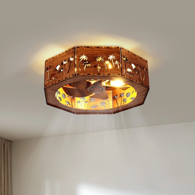 Main image of Ceiling Fan, 19.7 Inch Low Profile Caged Bladeless Fandelier Coconut Trees and the Beach Pattern Chandelier Fan