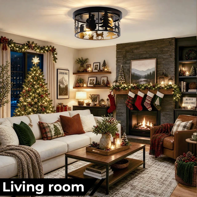 Alt view image 4 of 7 - Pack Flush Mount Ceiling with Deer and Snow Man Design, 2 Light Round Metal Fixture for Kitchen Entryway and Lodge
