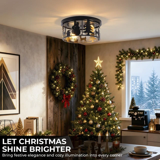 Alt view image 7 of 7 - Pack Flush Mount Ceiling with Deer and Snow Man Design, 2 Light Round Metal Fixture for Kitchen Entryway and Lodge