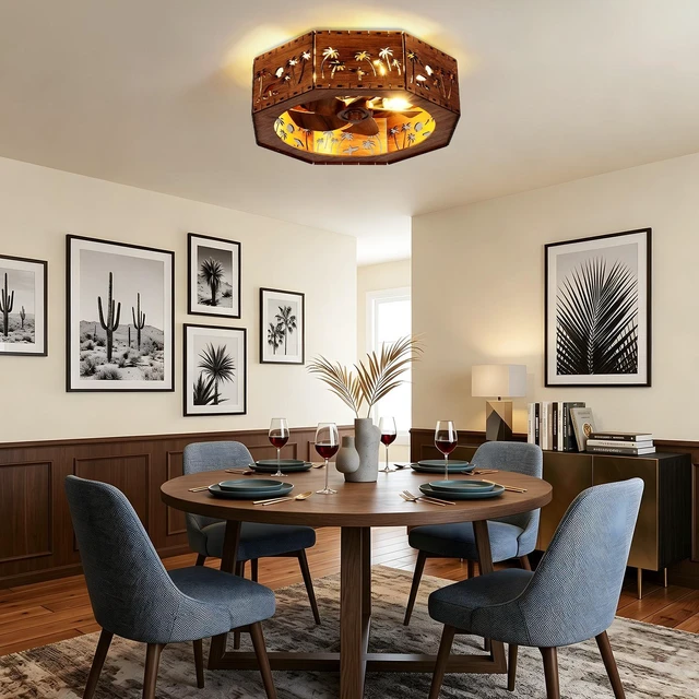 Alt view image 2 of 7 - Ceiling Fan, 19.7 Inch Low Profile Caged Bladeless Fandelier Coconut Trees and the Beach Pattern Chandelier Fan