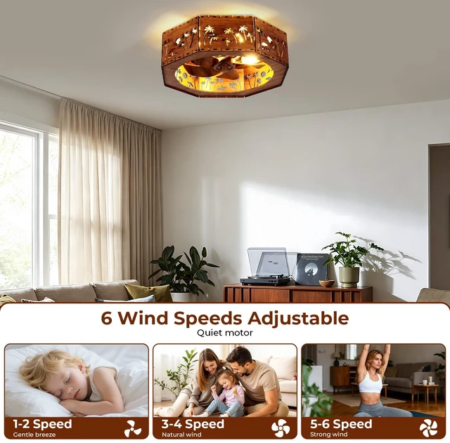 Alt view image 3 of 7 - Ceiling Fan, 19.7 Inch Low Profile Caged Bladeless Fandelier Coconut Trees and the Beach Pattern Chandelier Fan