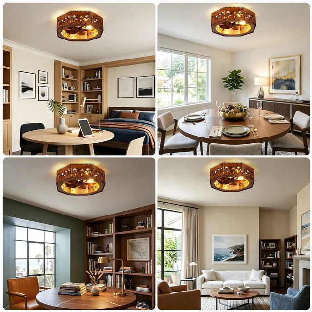 Alt view image 5 of 7 - Ceiling Fan, 19.7 Inch Low Profile Caged Bladeless Fandelier Coconut Trees and the Beach Pattern Chandelier Fan