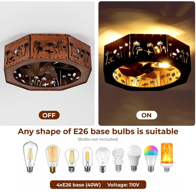 Alt view image 6 of 7 - Ceiling Fan, 19.7 Inch Low Profile Caged Bladeless Fandelier Coconut Trees and the Beach Pattern Chandelier Fan
