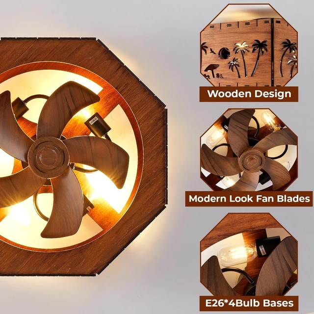 Alt view image 7 of 7 - Ceiling Fan, 19.7 Inch Low Profile Caged Bladeless Fandelier Coconut Trees and the Beach Pattern Chandelier Fan