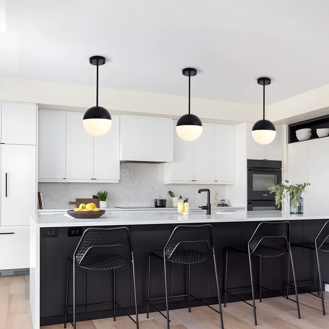 Alt view image 3 of 7 - Pack Mid Century Pendant Lights, Kitchen Island Fixtures with Globe Glass Shade Adjustable Hanging Rod Ceiling