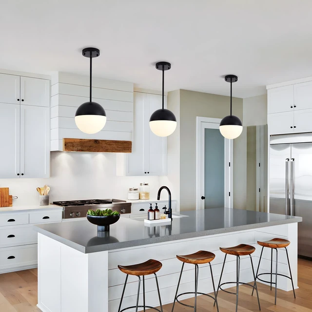 Alt view image 5 of 7 - Pack Mid Century Pendant Lights, Kitchen Island Fixtures with Globe Glass Shade Adjustable Hanging Rod Ceiling