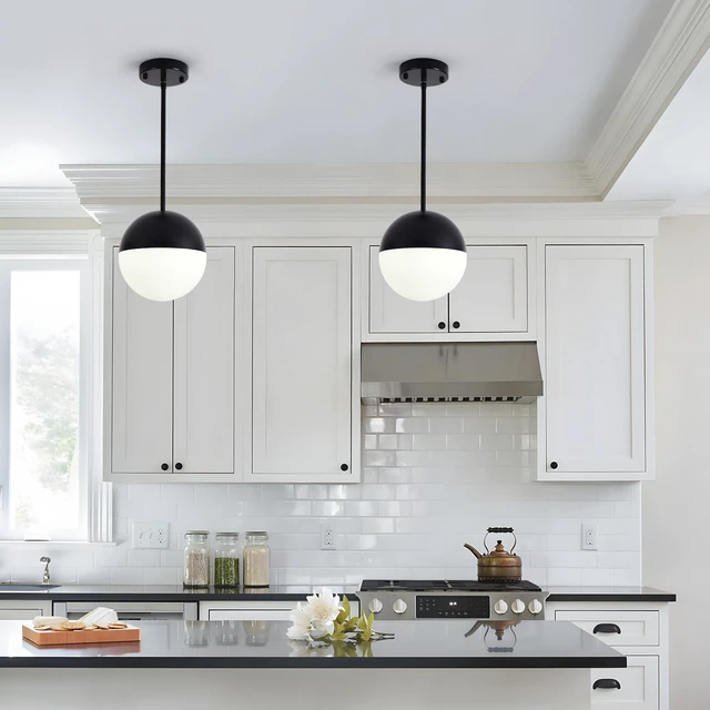Alt view image 2 of 7 - Pack Mid Century Pendant Lights, Kitchen Island Fixtures with Globe Glass Shade Adjustable Hanging Rod Ceiling