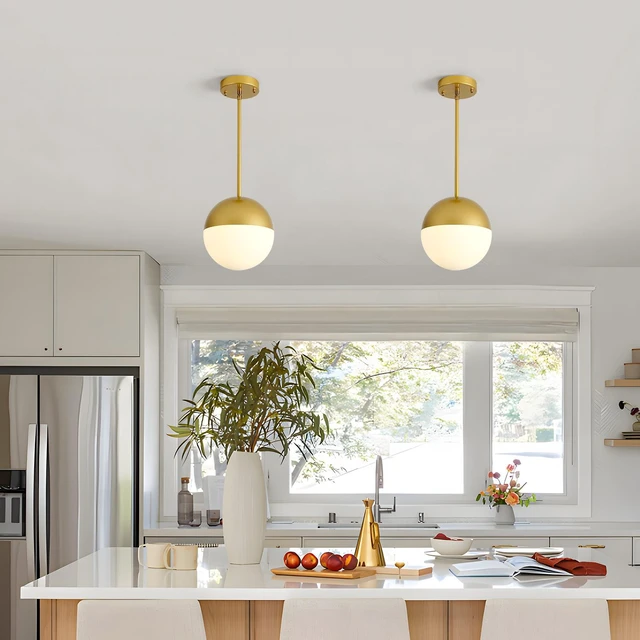 Alt view image 3 of 7 - Pack Pendant Lights, Pendant with Milky Globe Glass Shade Adjustable Hanging Lighting Rod for Kitchen Island Dining