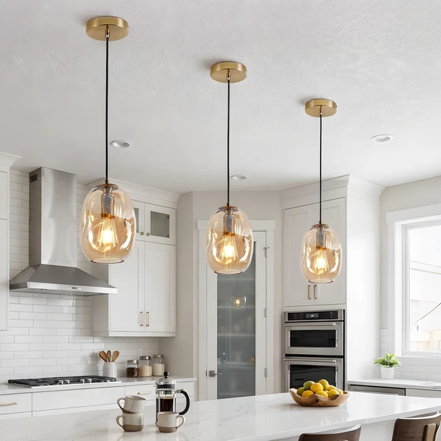 Main image of Irregular Hand Blown Clear Glass Pendant with Gold Finish, Base Single Hanging Ceiling Fixture for Kitchen Island