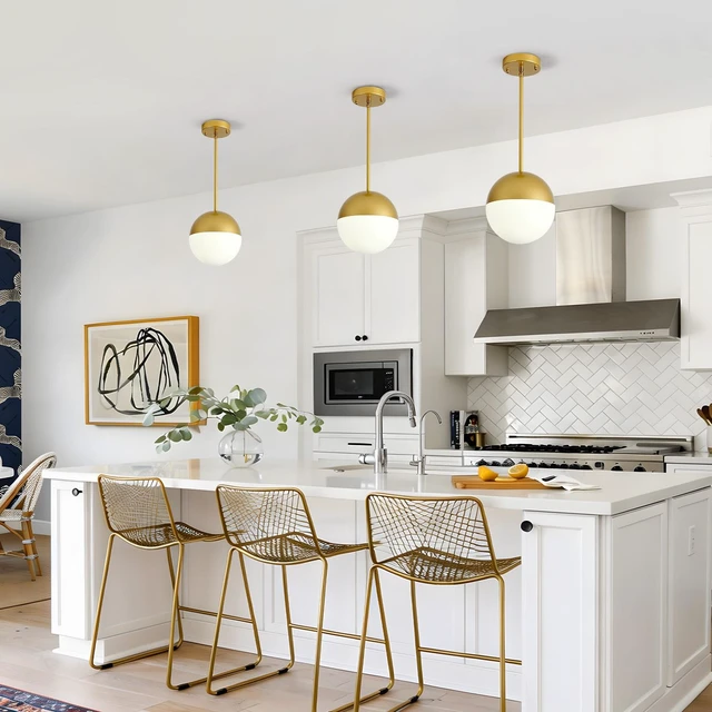 Alt view image 4 of 7 - Pack Pendant Lights, Pendant with Milky Globe Glass Shade Adjustable Hanging Lighting Rod for Kitchen Island Dining
