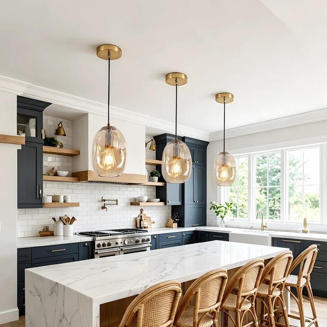 Alt view image 2 of 7 - Irregular Hand Blown Clear Glass Pendant with Gold Finish, Base Single Hanging Ceiling Fixture for Kitchen Island