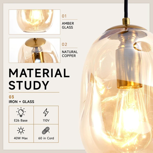 Alt view image 5 of 7 - Irregular Hand Blown Clear Glass Pendant with Gold Finish, Base Single Hanging Ceiling Fixture for Kitchen Island