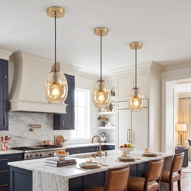 Alt view image 4 of 7 - Irregular Hand Blown Clear Glass Pendant with Gold Finish, Base Single Hanging Ceiling Fixture for Kitchen Island
