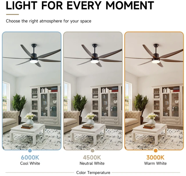 Alt view image 6 of 7 - Large 74 in Ceiling Fans with Lights and Remote Speeds Ceiling Fan Blades, Indoor Fan for Living Dining LED Lighting