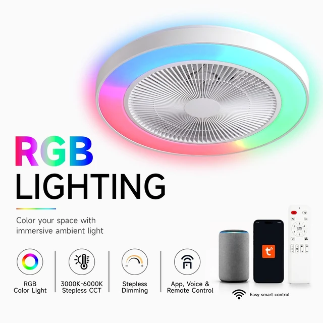 Alt view image 2 of 7 - Low Profile Ceiling Fan, 20 in Caged Safety Design for Kids RGB Color Smart App Remote Control Quiet Flush Mount Motor