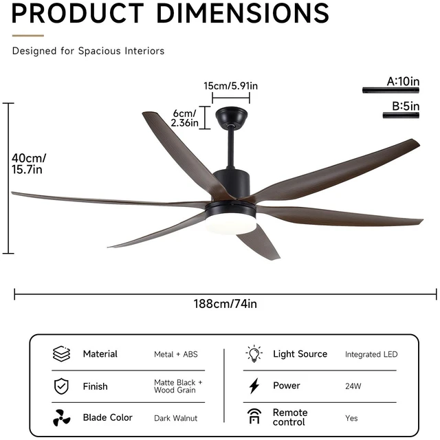 Alt view image 7 of 7 - Large 74 in Ceiling Fans with Lights and Remote Speeds Ceiling Fan Blades, Indoor Fan for Living Dining LED Lighting