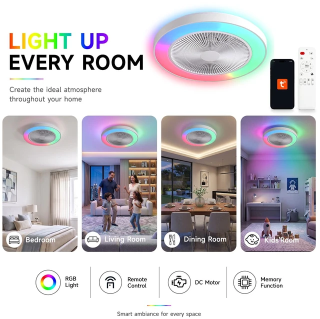 Alt view image 6 of 7 - Low Profile Ceiling Fan, 20 in Caged Safety Design for Kids RGB Color Smart App Remote Control Quiet Flush Mount Motor