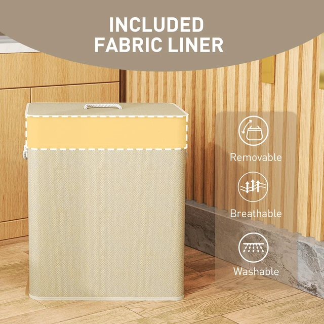 Alt view image 3 of 7 - Double Basket with Lid, 26.4 Gallon Bamboo Hamper with Rope Handles Clothes Hamper with Removable Liner, Natural Wood