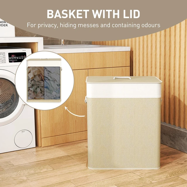 Alt view image 5 of 7 - Double Basket with Lid, 26.4 Gallon Bamboo Hamper with Rope Handles Clothes Hamper with Removable Liner, Natural Wood