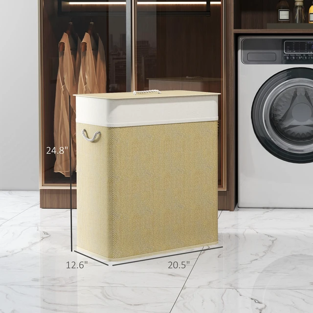 Alt view image 7 of 7 - Double Basket with Lid, 26.4 Gallon Bamboo Hamper with Rope Handles Clothes Hamper with Removable Liner, Natural Wood