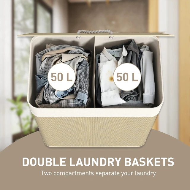 Alt view image 6 of 7 - Double Basket with Lid, 26.4 Gallon Bamboo Hamper with Rope Handles Clothes Hamper with Removable Liner, Natural Wood