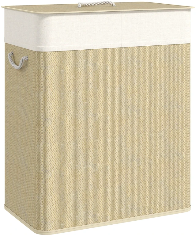 Main image of Double Basket with Lid, 26.4 Gallon Bamboo Hamper with Rope Handles Clothes Hamper with Removable Liner, Natural Wood