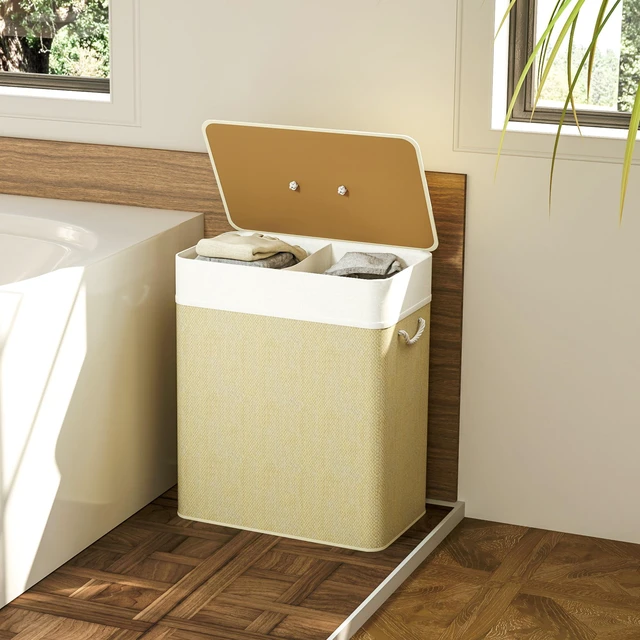 Alt view image 2 of 7 - Double Basket with Lid, 26.4 Gallon Bamboo Hamper with Rope Handles Clothes Hamper with Removable Liner, Natural Wood