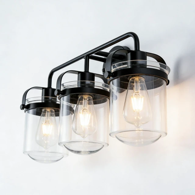 Alt view image 2 of 7 - 3 Light Wall Sconce, Clear Glass Shade Socket for Living Kitchen Sink Bulb, Black, Glass, Lighting Lamps