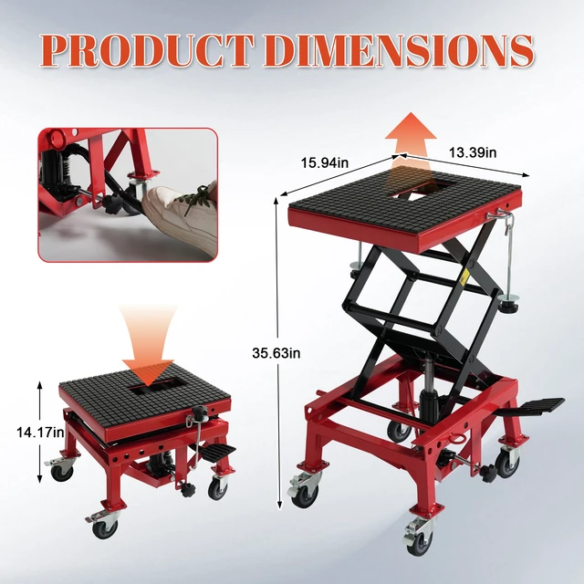 Alt view image 2 of 7 - Hydraulic Motorcycle Lift Table, Heavy Duty Foot Pedal Scissor Jack with Wide Deck Hooks and 4 Wheels Mini Lift Stand