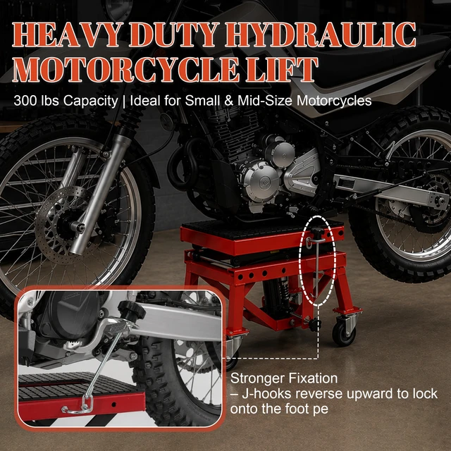 Alt view image 4 of 7 - Hydraulic Motorcycle Lift Table, Heavy Duty Foot Pedal Scissor Jack with Wide Deck Hooks and 4 Wheels Mini Lift Stand