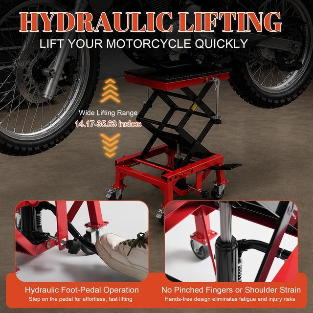 Alt view image 5 of 7 - Hydraulic Motorcycle Lift Table, Heavy Duty Foot Pedal Scissor Jack with Wide Deck Hooks and 4 Wheels Mini Lift Stand