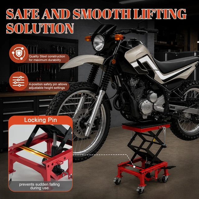 Alt view image 6 of 7 - Hydraulic Motorcycle Lift Table, Heavy Duty Foot Pedal Scissor Jack with Wide Deck Hooks and 4 Wheels Mini Lift Stand