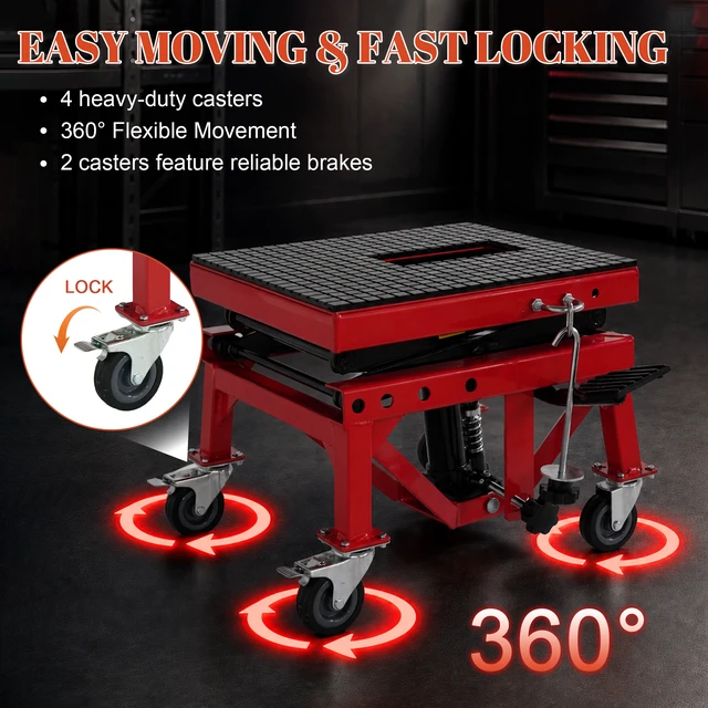 Alt view image 7 of 7 - Hydraulic Motorcycle Lift Table, Heavy Duty Foot Pedal Scissor Jack with Wide Deck Hooks and 4 Wheels Mini Lift Stand