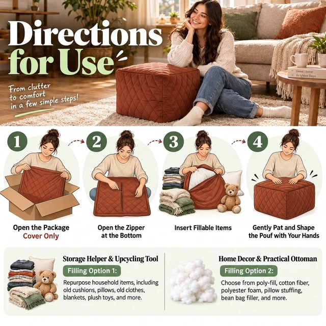 Alt view image 7 of 7 - Storage Ottoman Cover with Bottom Zipper, Foldable Foot Rest Stool with Storage for Toys Towels Clothes Space Saving
